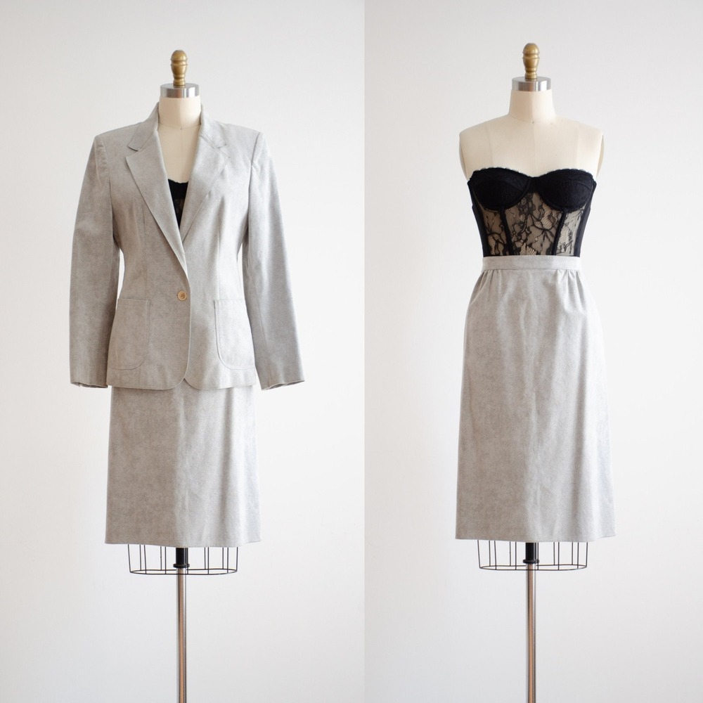 Adolph Schumann Skirt Suit Vintage 70s Vegan Suede M Gray Blazer Pencil Set
